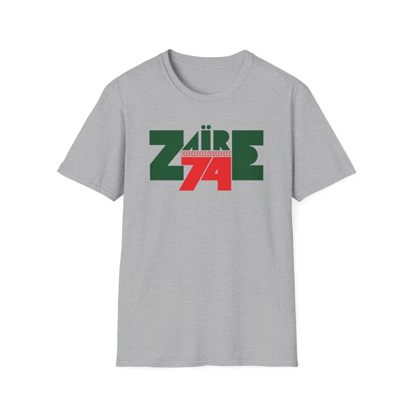 T-shirt with green and red "ZAİRE 74" graphic featuring