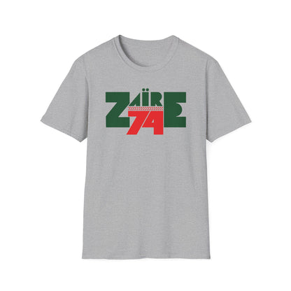 T-shirt with green and red "ZAİRE 74" graphic featuring