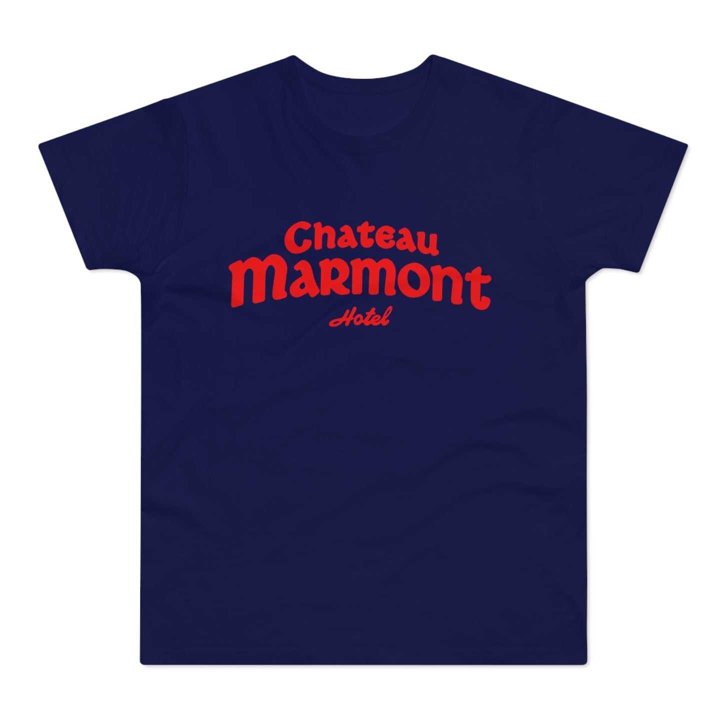 Navy t-shirt with red Chateau Marmont Hotel text.