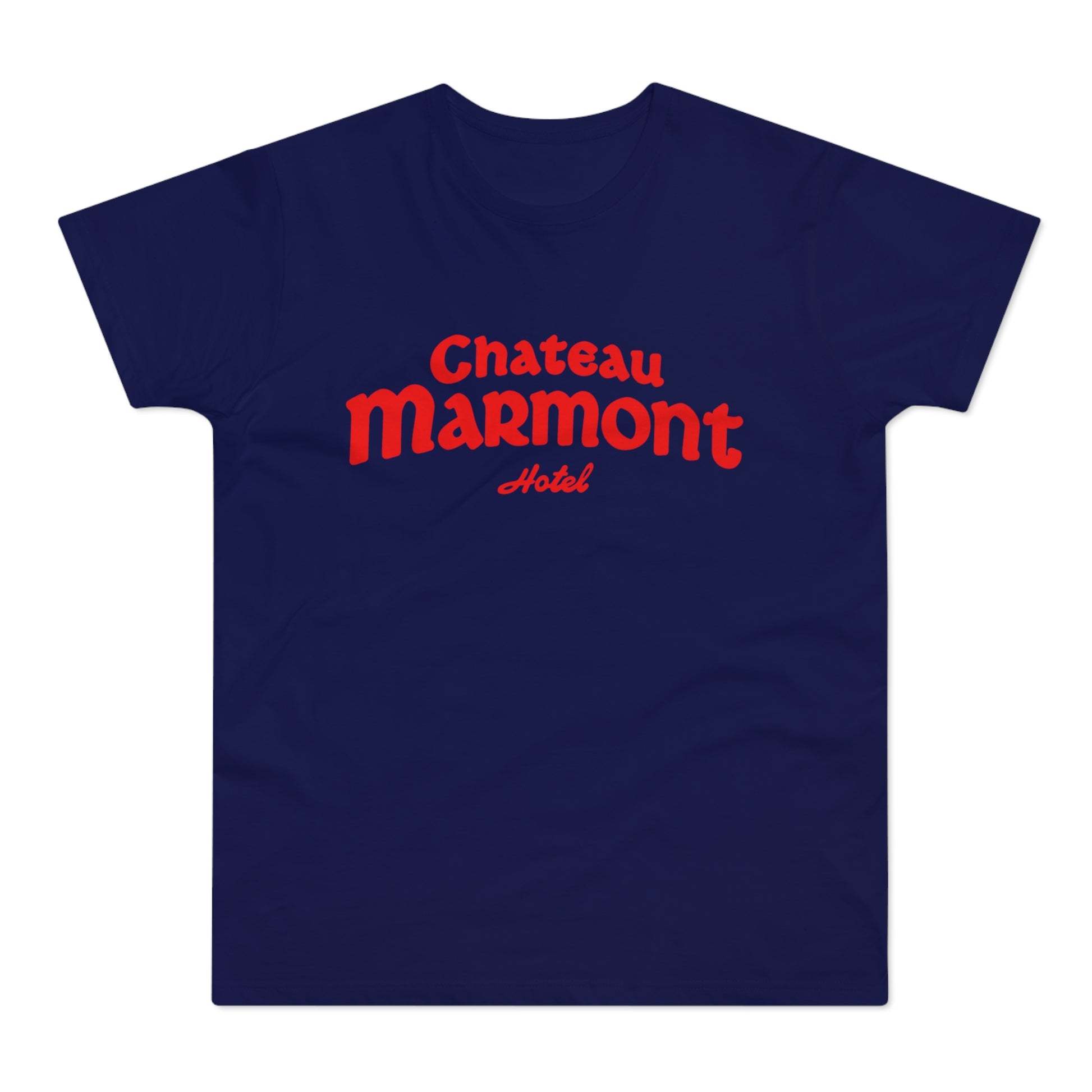Navy t-shirt with red Chateau Marmont Hotel text.