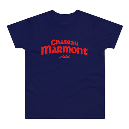 Navy t-shirt with red Chateau Marmont Hotel text.