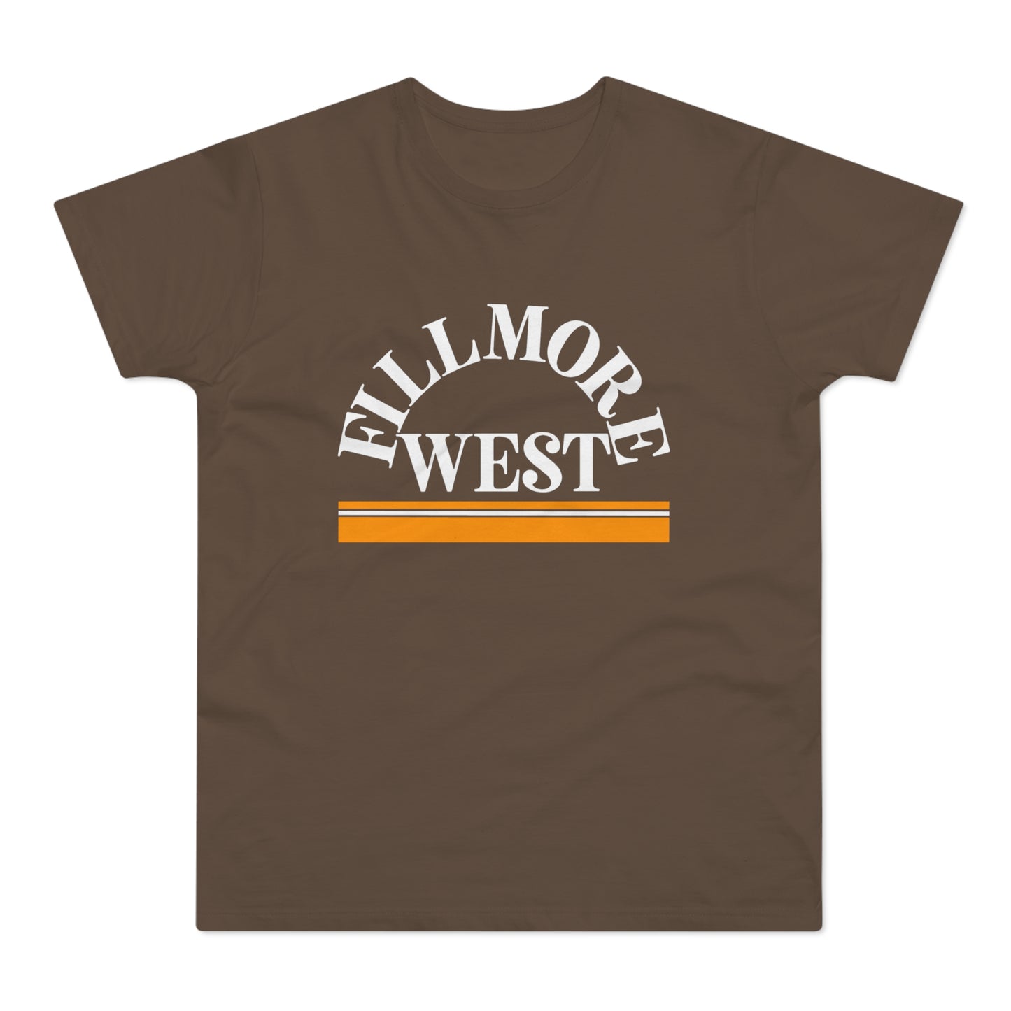 Brown t-shirt with arched "Fillmore West" text and orange stripes.