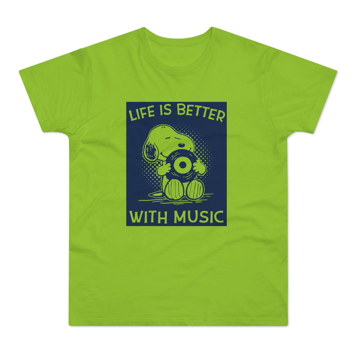 Snoopy holds a vinyl record with text "Life is Better With Music"
