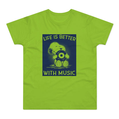 Snoopy holds a vinyl record with text "Life is Better With Music"