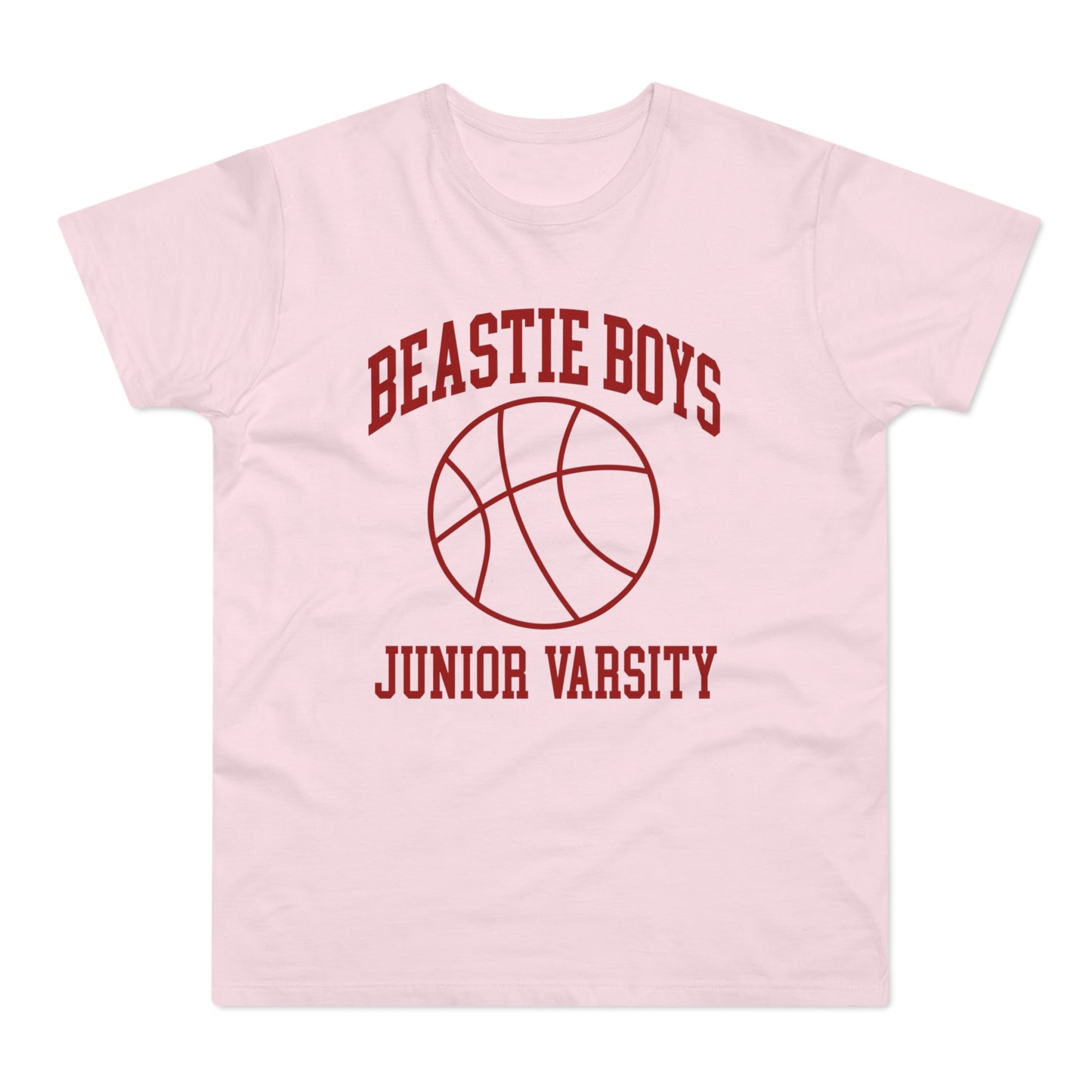 Pink t-shirt with Beastie Boys Junior Varsity and basketball graphic.