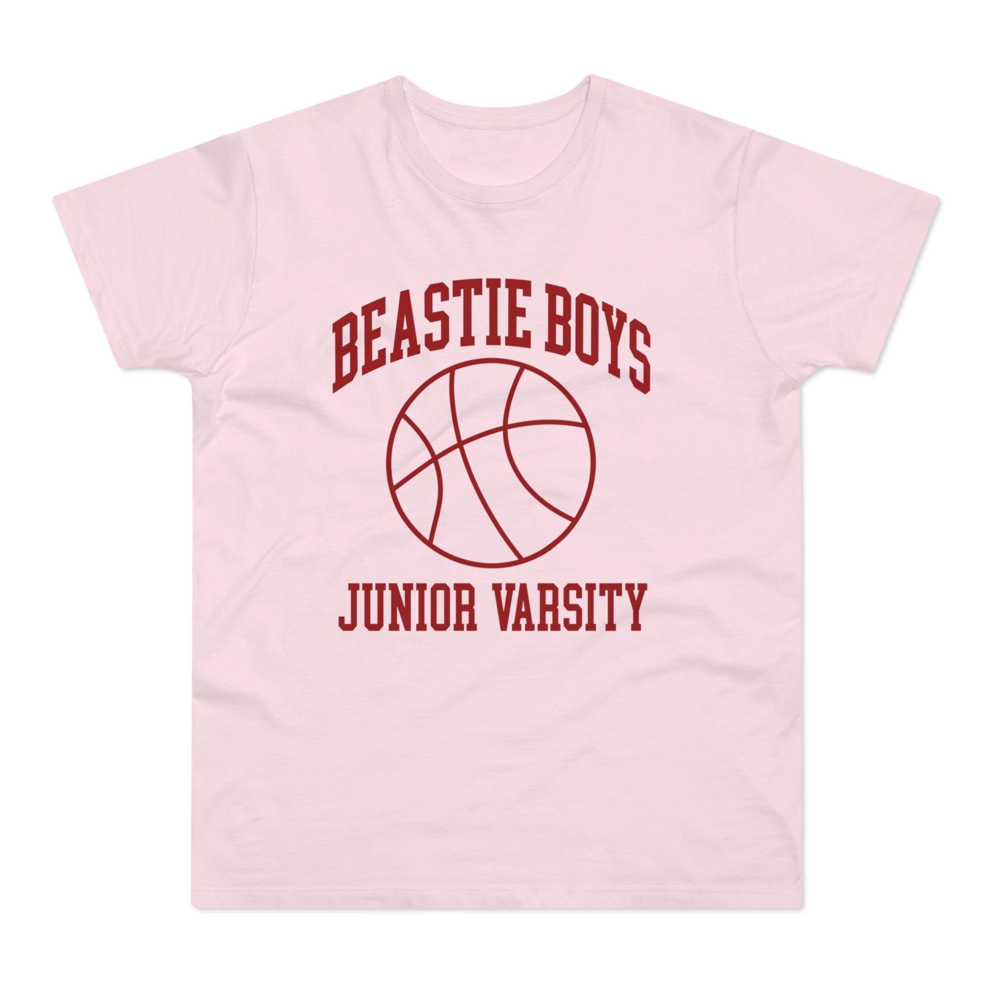 Pink t-shirt with Beastie Boys Junior Varsity and basketball graphic.