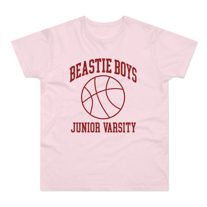 Pink t-shirt with Beastie Boys Junior Varsity and basketball graphic.