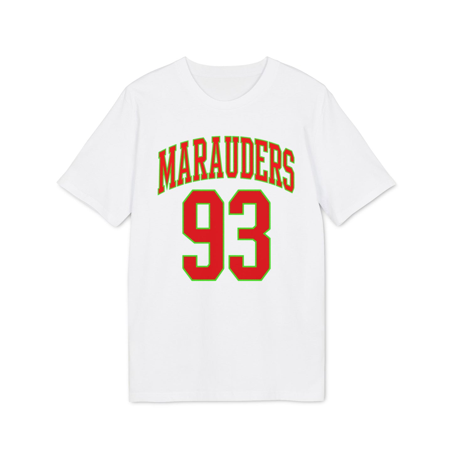 White t-shirt with red "MARAUDERS" and "93" in green trim.