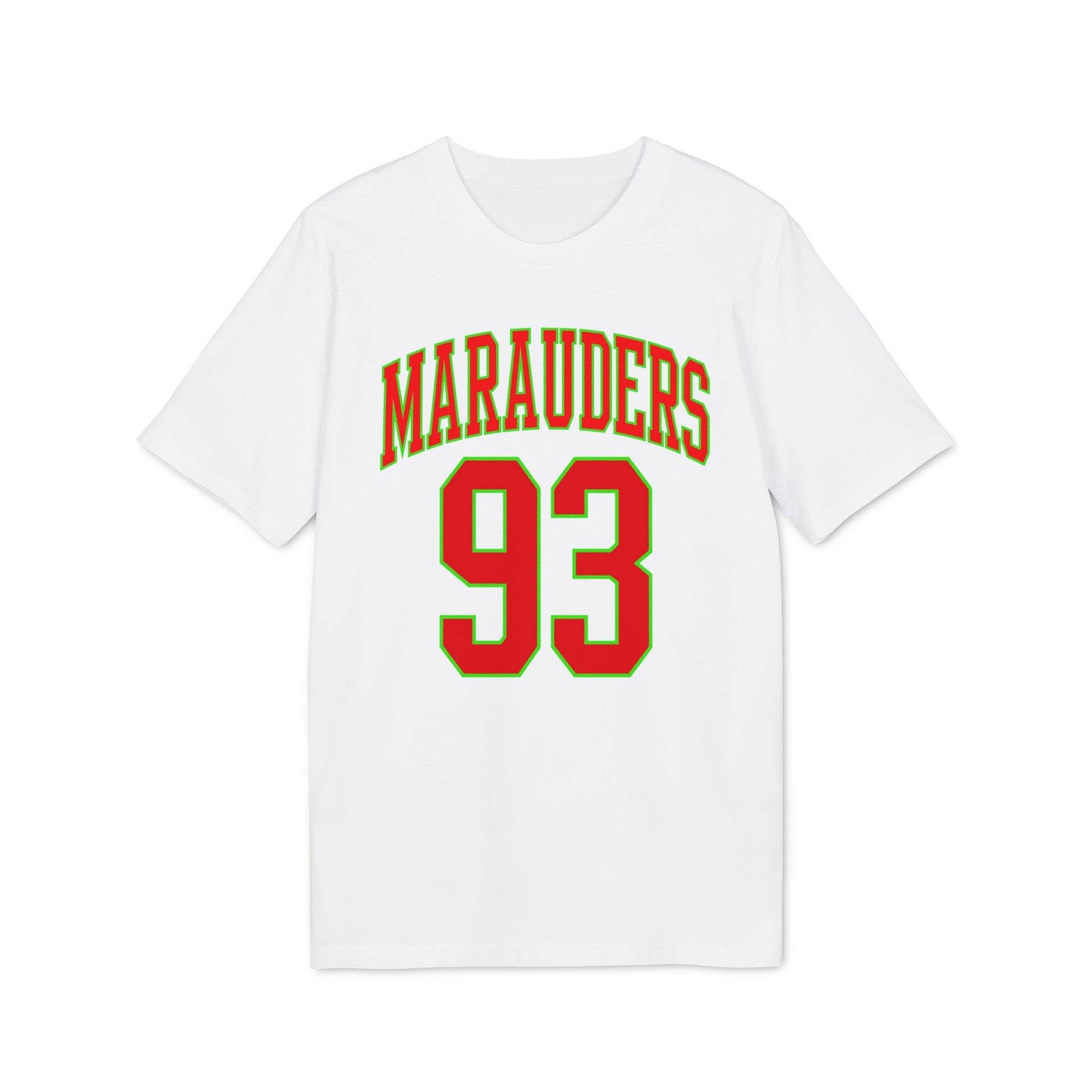 White t-shirt with red "MARAUDERS" and "93" in green trim.