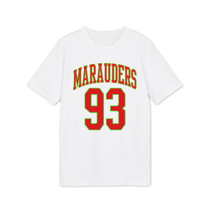 White t-shirt with red "MARAUDERS" and "93" in green trim.