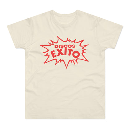 Cream t-shirt with red "DISCOS" and "EXITO" text in a starburst graphic.