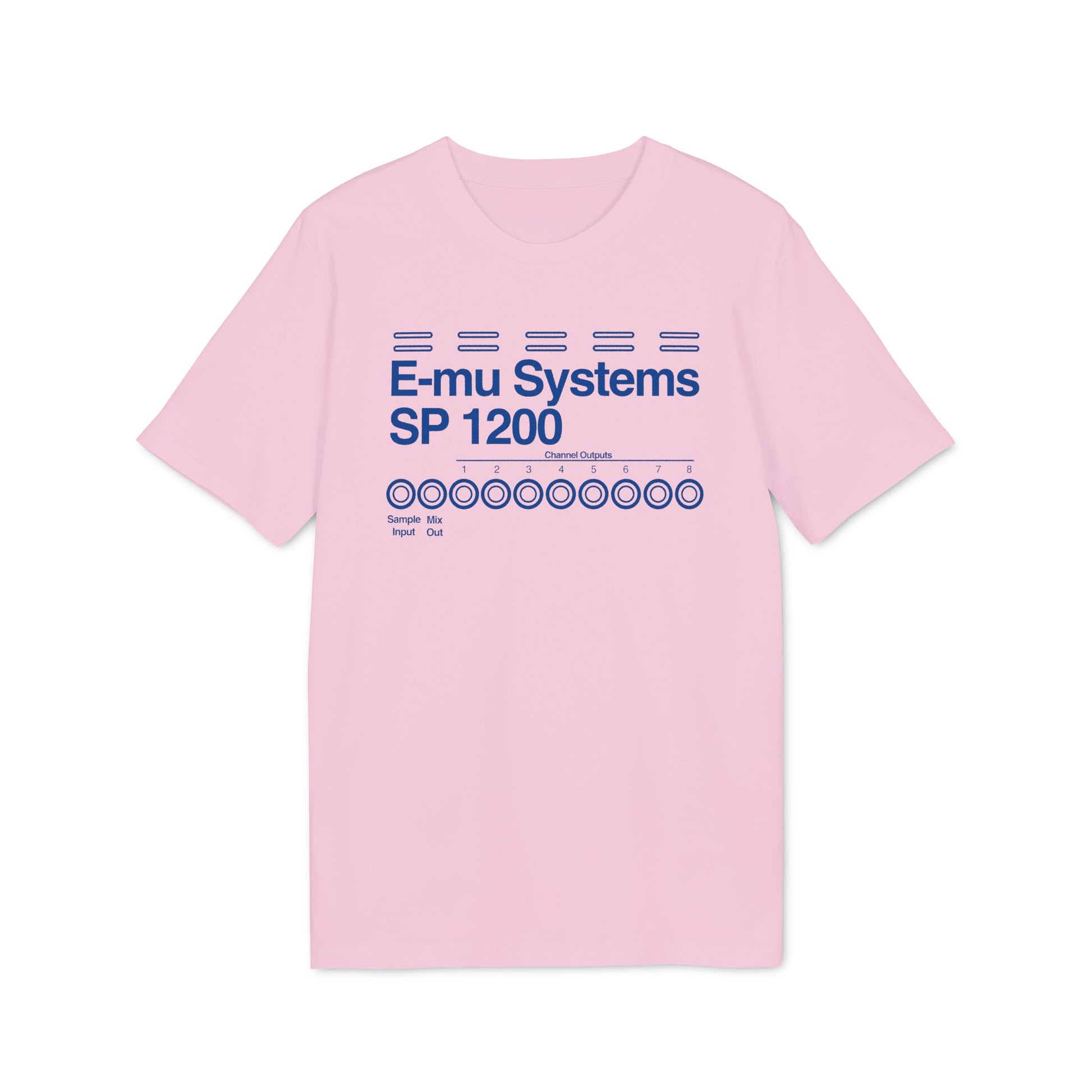 Pink t-shirt with E-mu Systems SP 1200 graphic design, featuring channel outputs.