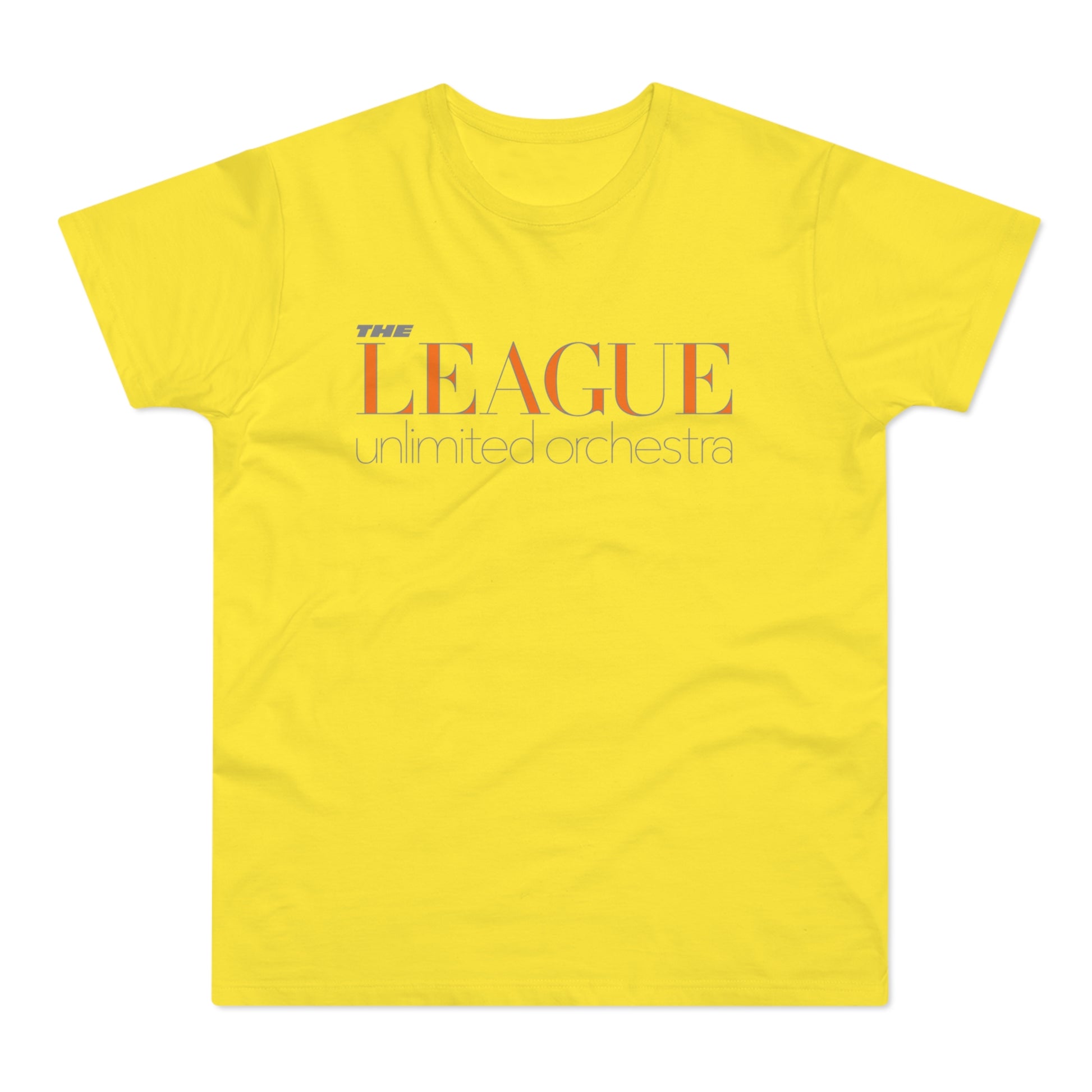 Yellow t-shirt with "The League unlimited orchestra" logo.