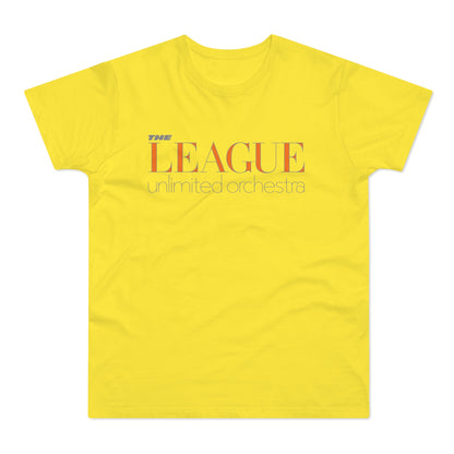 Yellow t-shirt with "The League unlimited orchestra" logo.