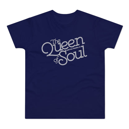 Navy t-shirt with white text "The Queen of Soul" and "Aretha Franklin".