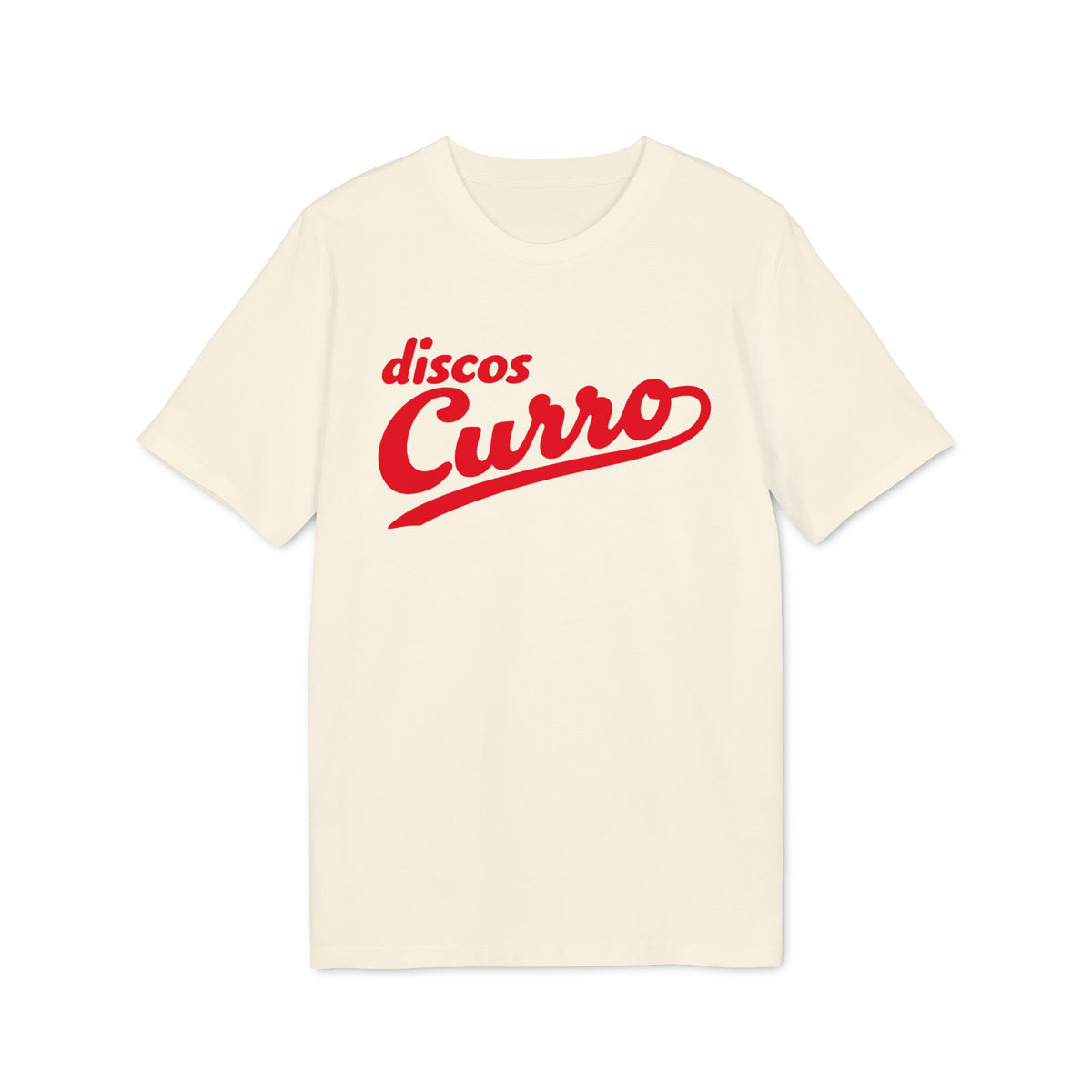 Cream t-shirt with red "discos Curro" script logo.