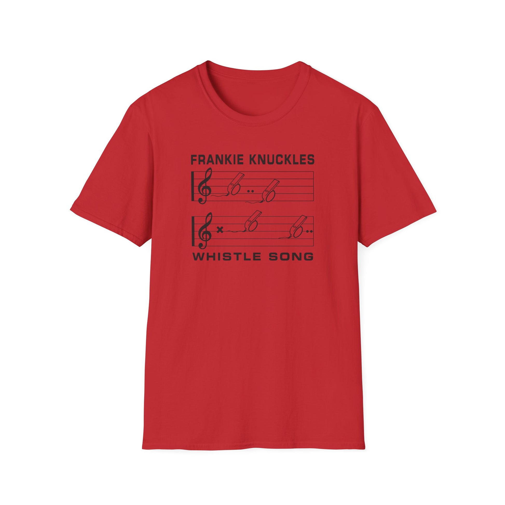 Red t-shirt with Frankie Knuckles Whistle Song text and musical notes.