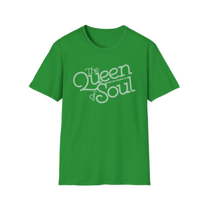 Green t-shirt with white text that reads "The Queen of Soul Aretha Franklin."