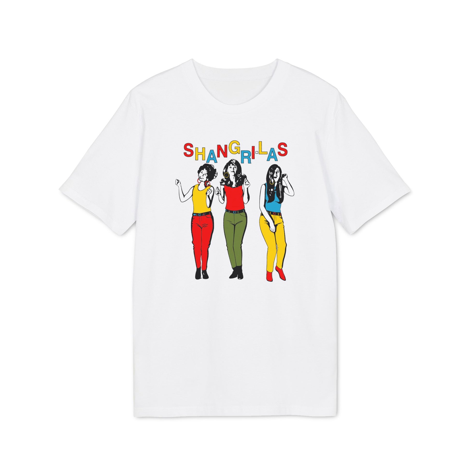 White t-shirt with the colorful text SHANGRI-LAS above three illustrated women.
