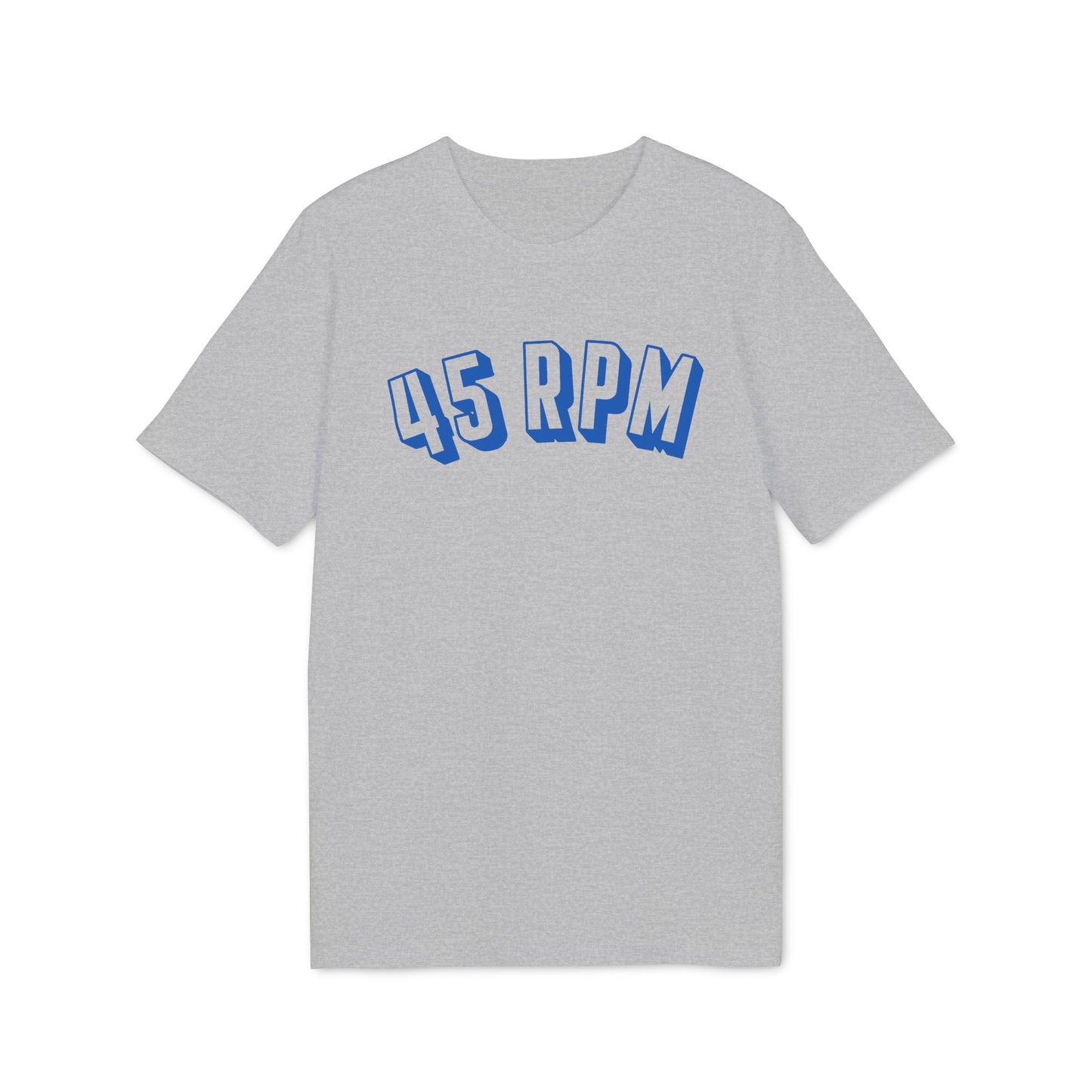 Grey t-shirt with blue "45 RPM" text in a curved font.