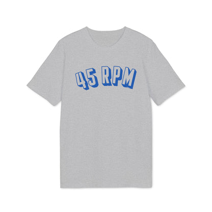 Grey t-shirt with blue "45 RPM" text in a curved font.