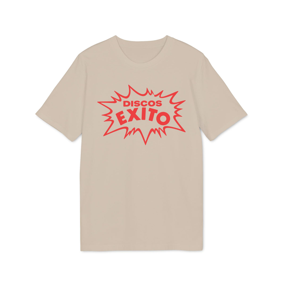 Beige t-shirt with red "Discos Exito" graphic in a comic book style burst.