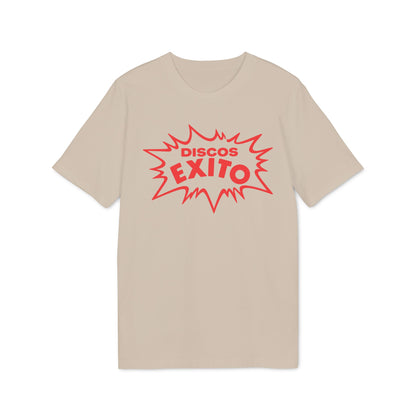 Beige t-shirt with red "Discos Exito" graphic in a comic book style burst.