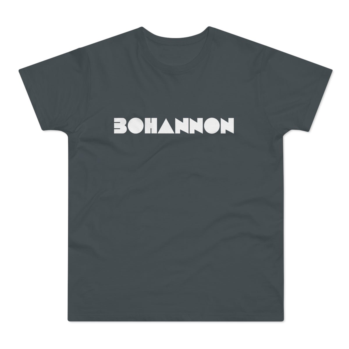Dark gray t-shirt with white "BOHANNON" text in geometric font.