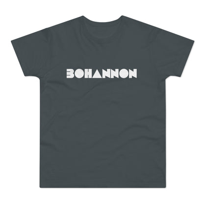 Dark gray t-shirt with white "BOHANNON" text in geometric font.