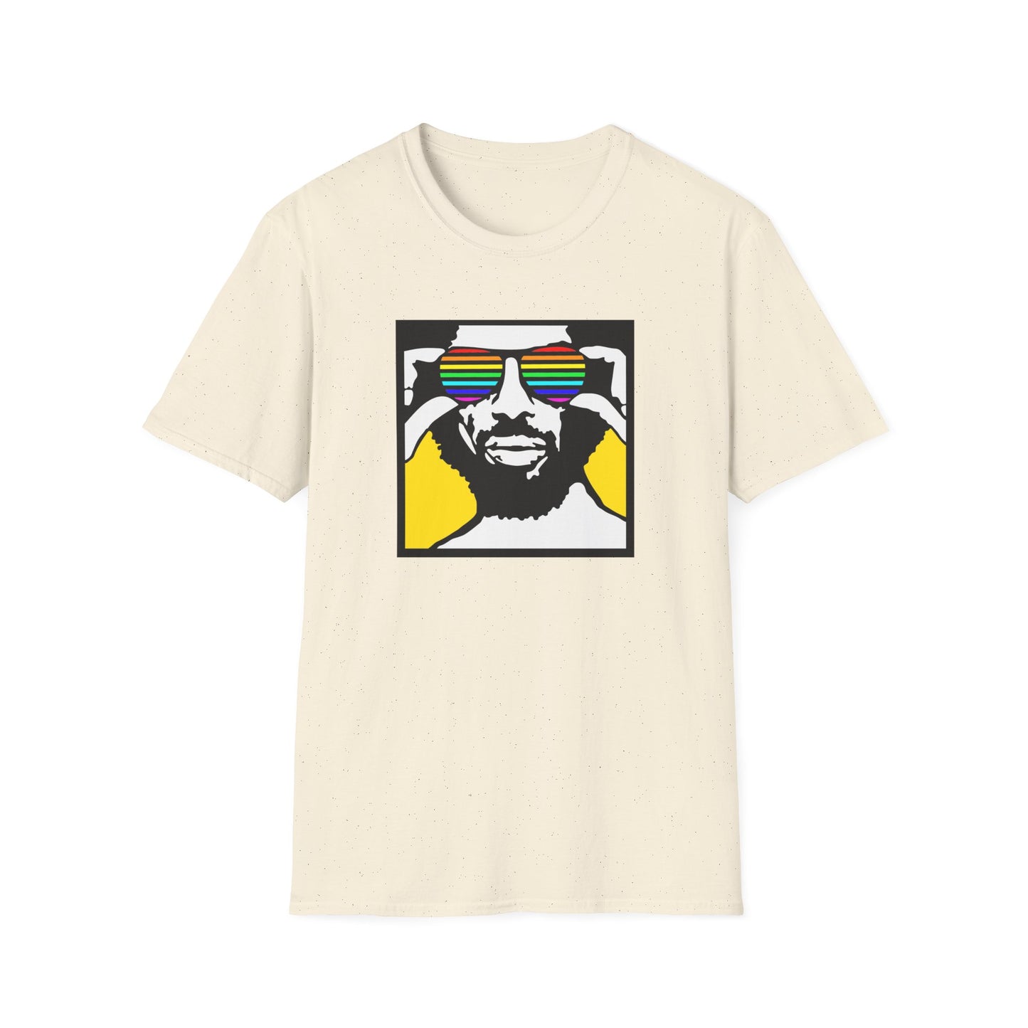 Cream t-shirt with black graphic of a man wearing rainbow sunglasses.