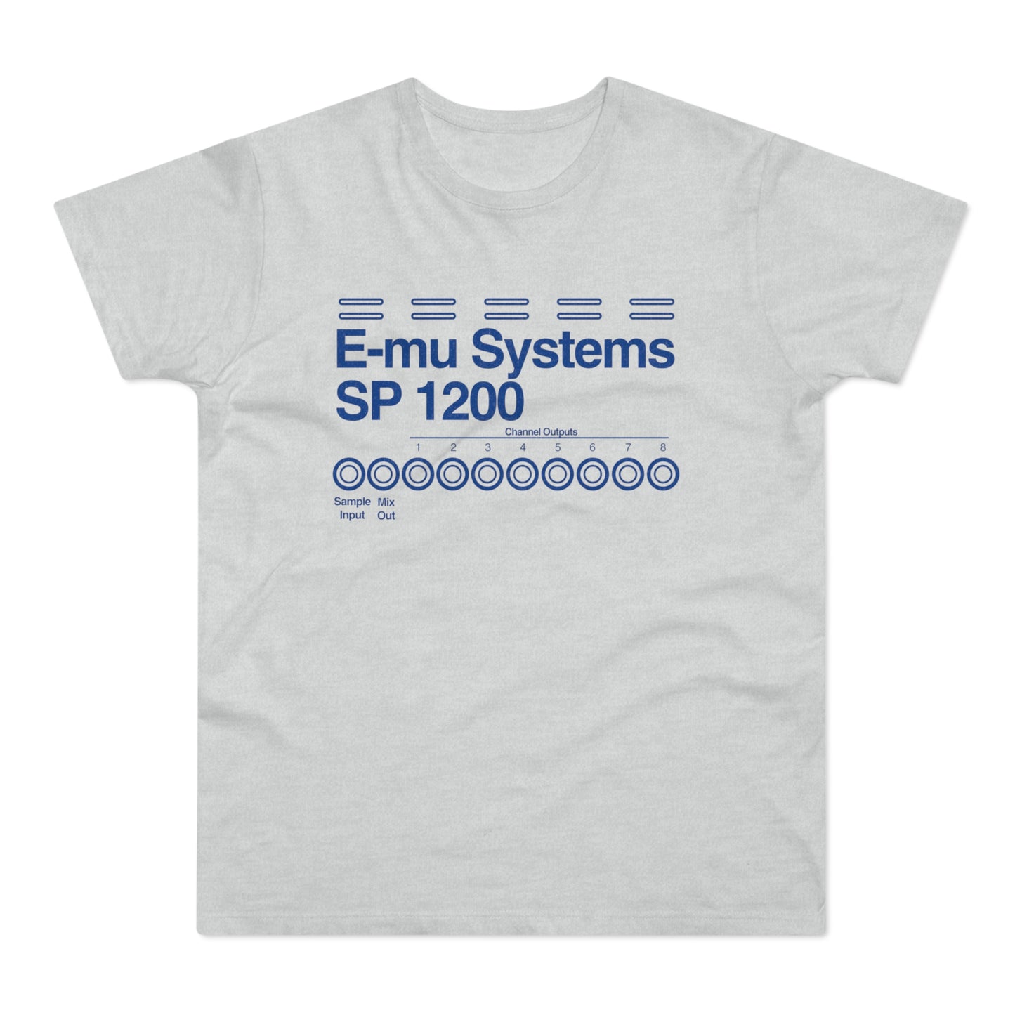 T-shirt with E-mu Systems SP 1200 text and channel outputs graphic.