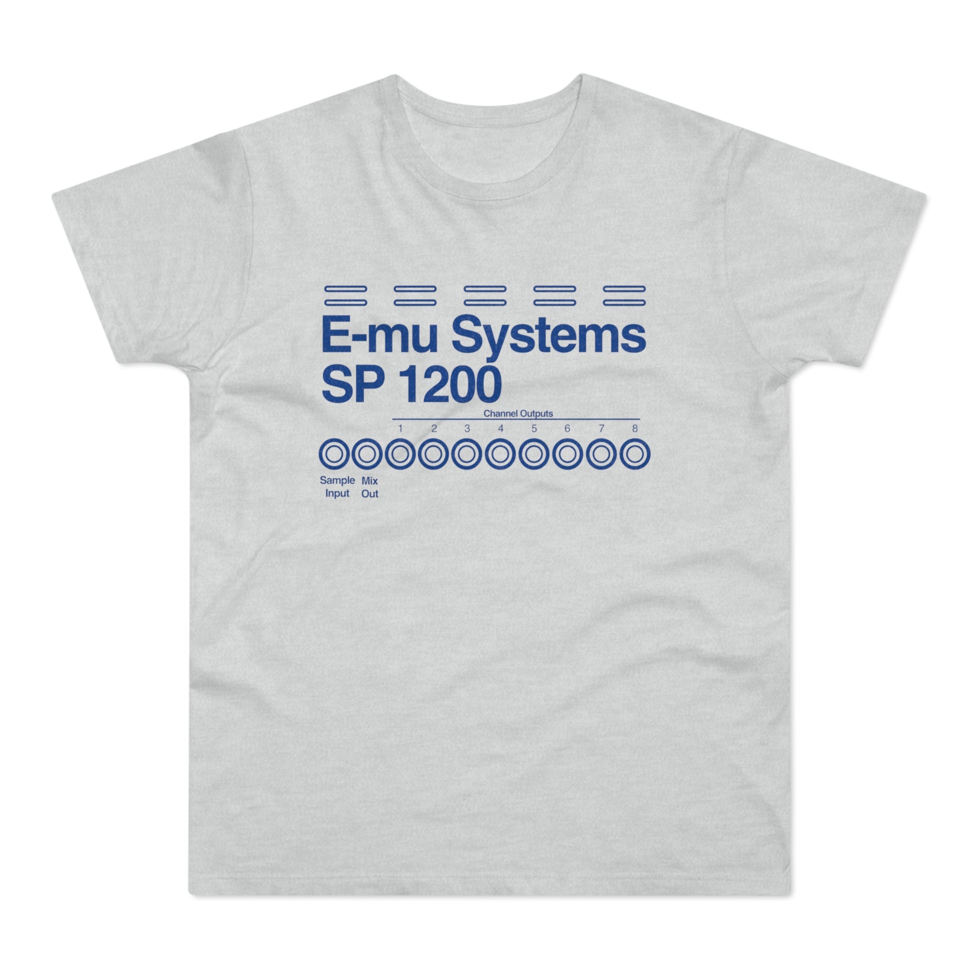 T-shirt with E-mu Systems SP 1200 text and channel outputs graphic.