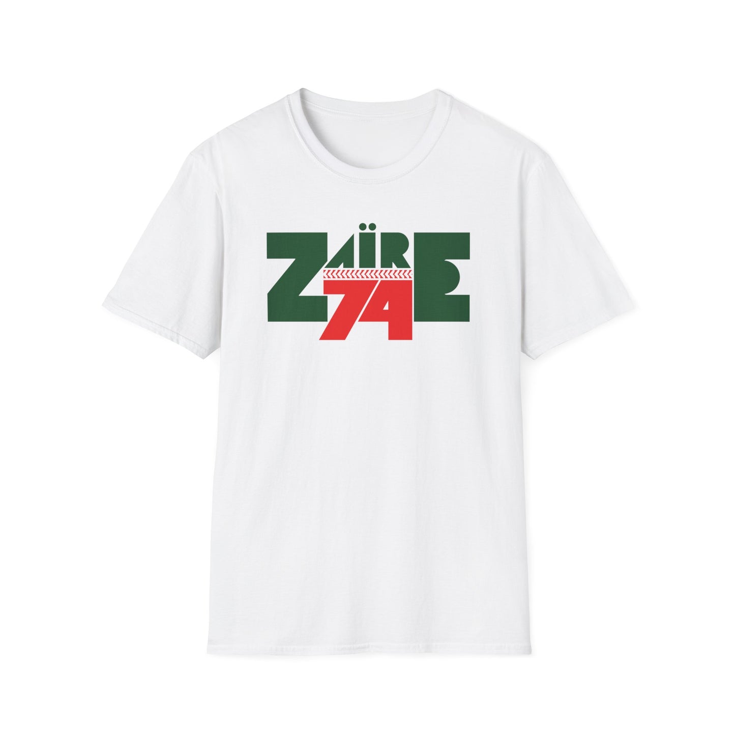 White t-shirt with green and red "ZAÏRE 74" graphic and baseball stitching detail.