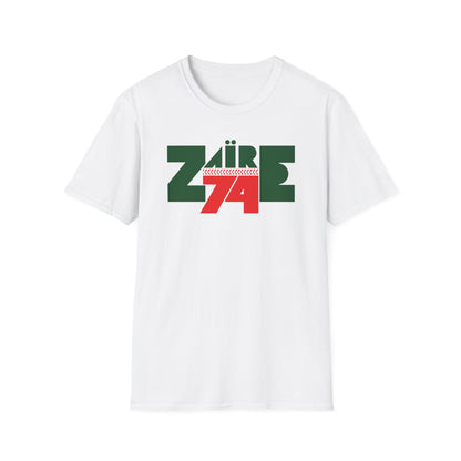 White t-shirt with green and red "ZAÏRE 74" graphic and baseball stitching detail.