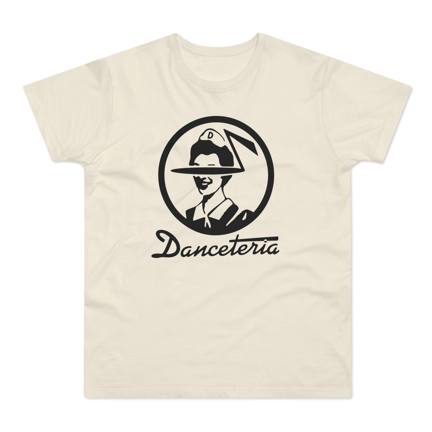 Cream t-shirt with black Danceteria logo featuring a stylized figure wearing a hat.