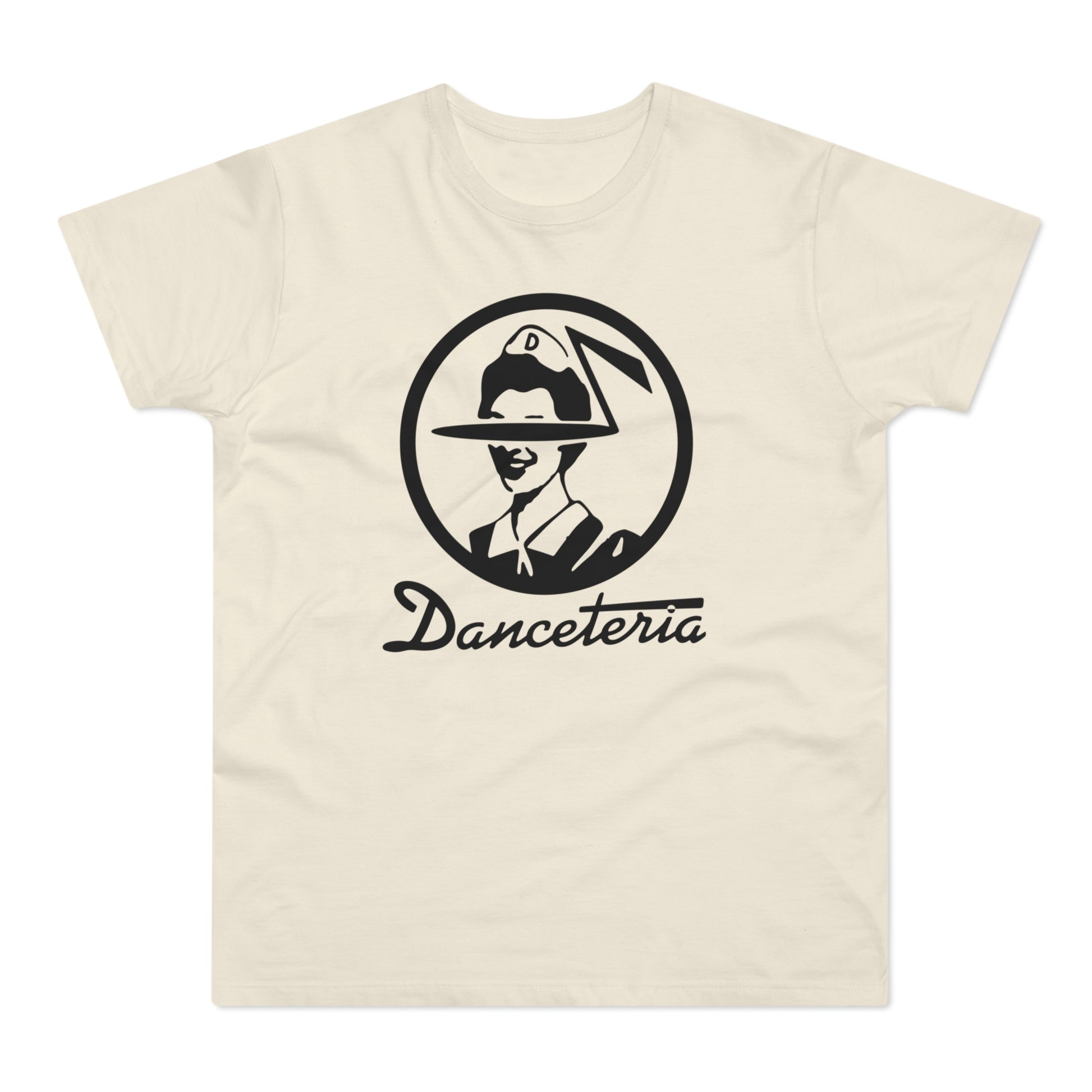 Cream t-shirt with black Danceteria logo featuring a stylized figure wearing a hat.