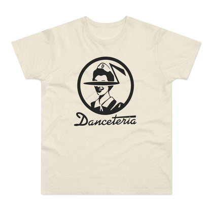 Cream t-shirt with black Danceteria logo featuring a stylized figure wearing a hat.