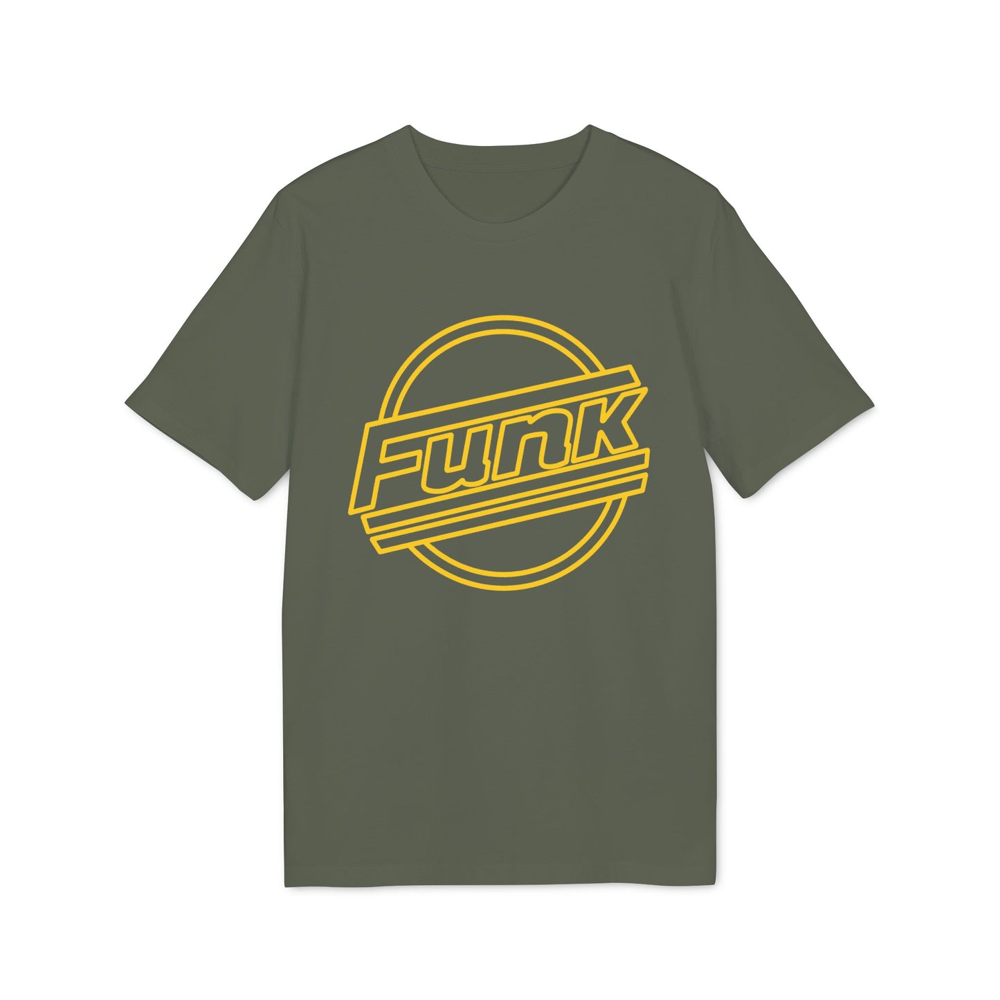 Green t-shirt with yellow "Funk" text in a circle.
