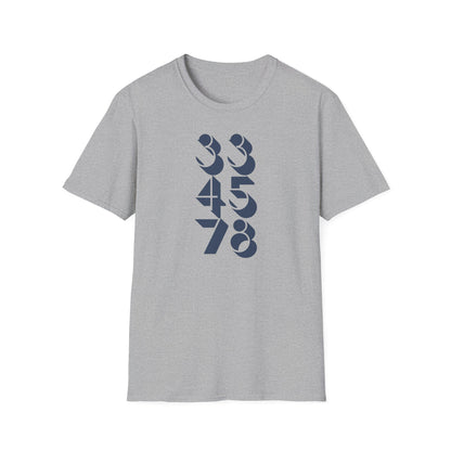 Heather grey t-shirt with navy abstract numbers 33, 45, 78 printed vertically.