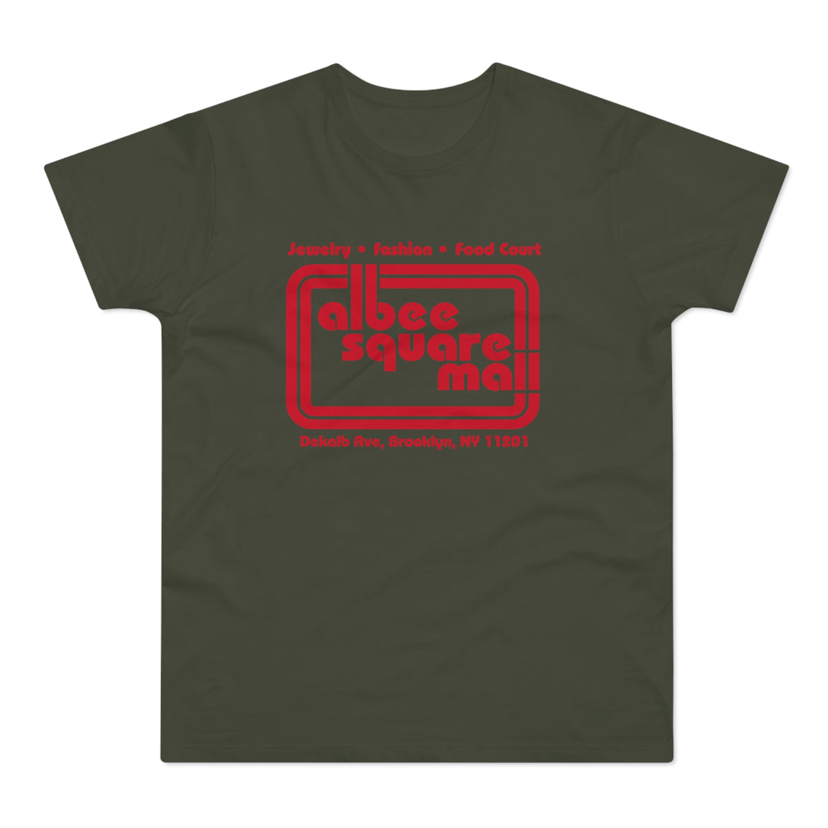 Olive t-shirt with red "Albee Square Mall" logo and address.