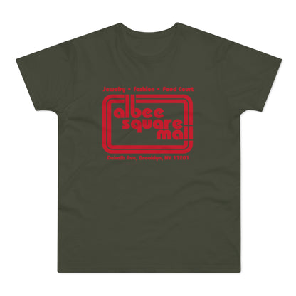 Olive t-shirt with red "Albee Square Mall" logo and address.