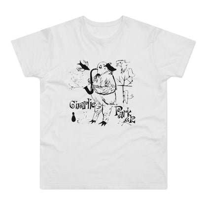T-shirt with black illustration of a bird playing a saxophone and the text "Charlie Parker".