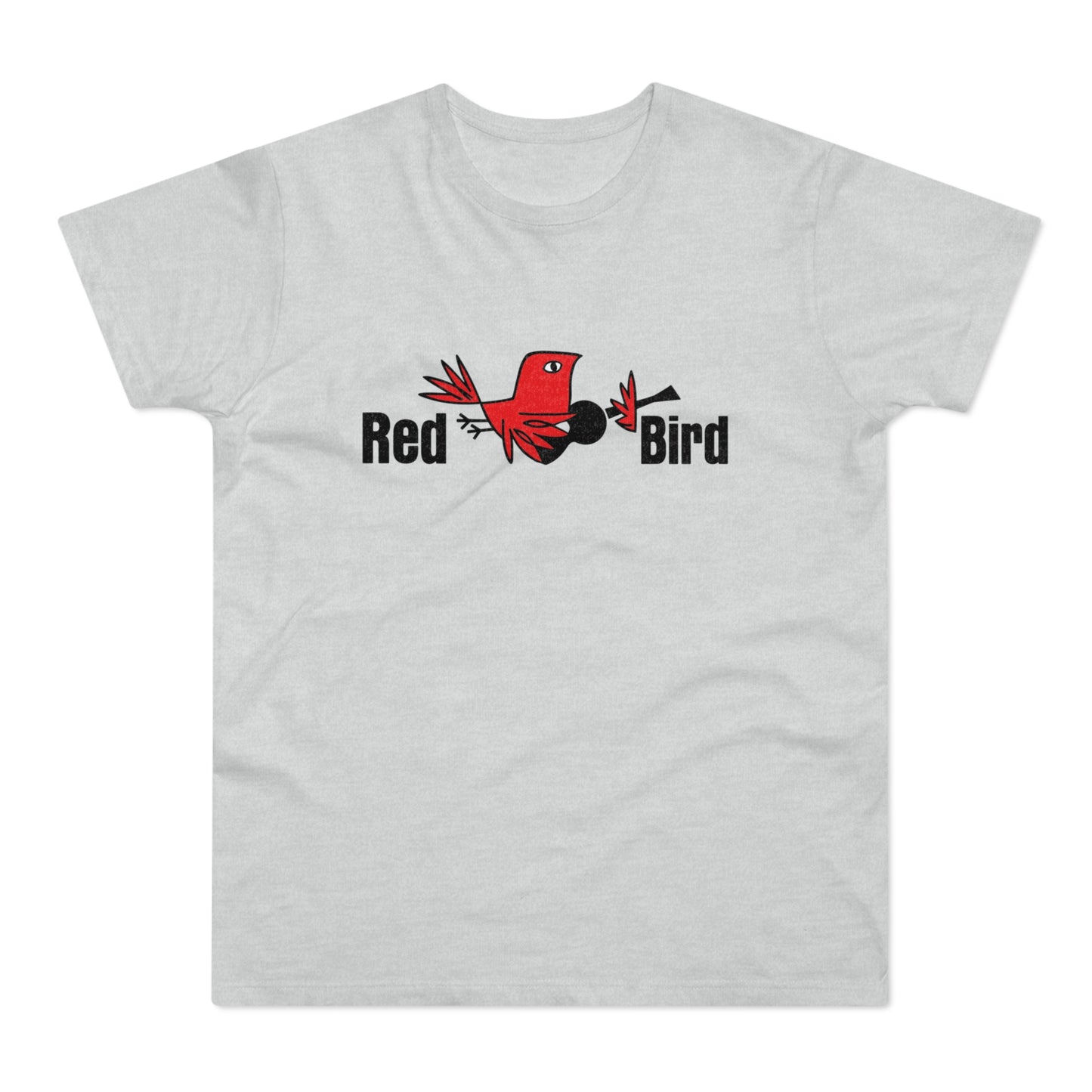 Red Bird logo with stylized red bird and black text on a light gray t-shirt.