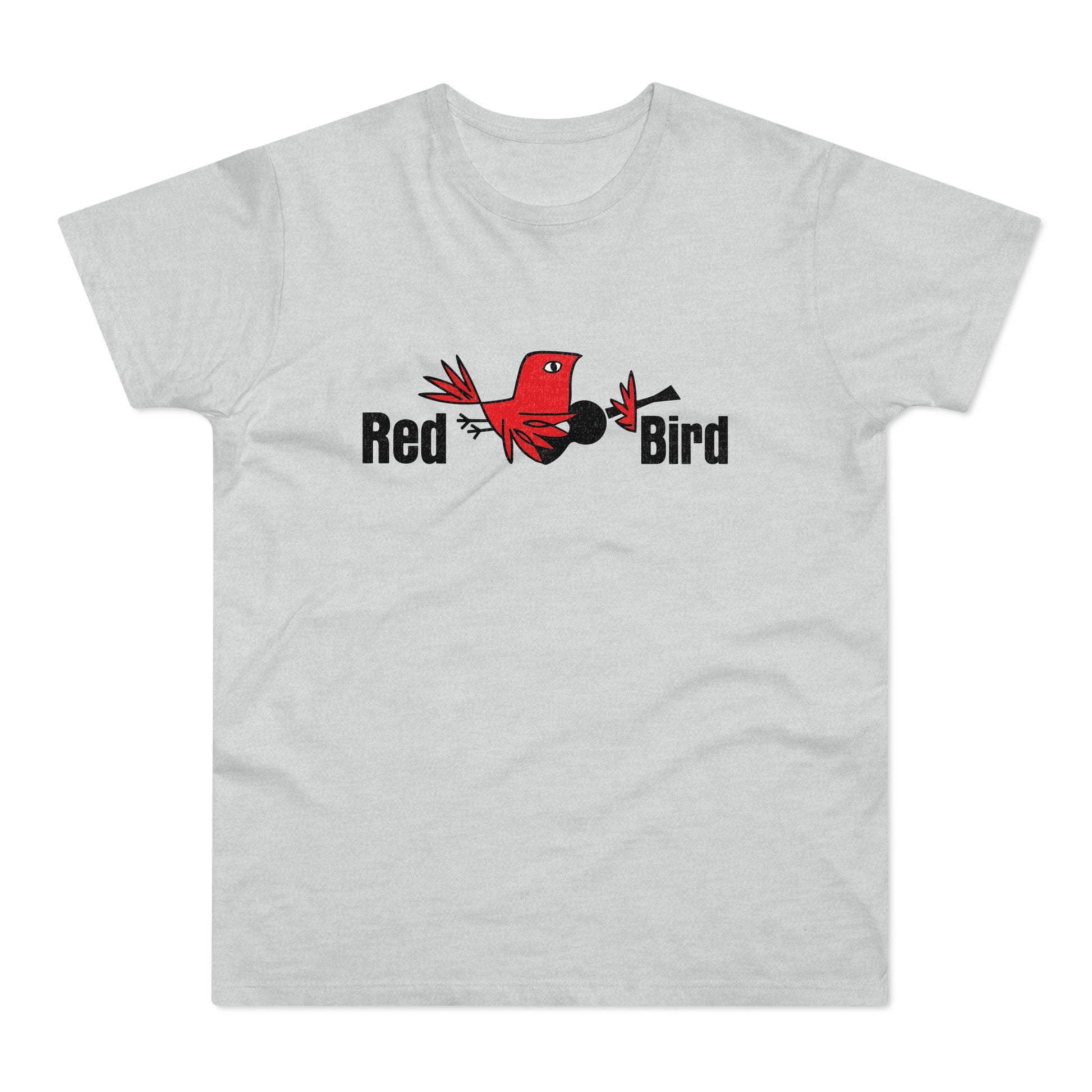 Red Bird logo with stylized red bird and black text on a light gray t-shirt.