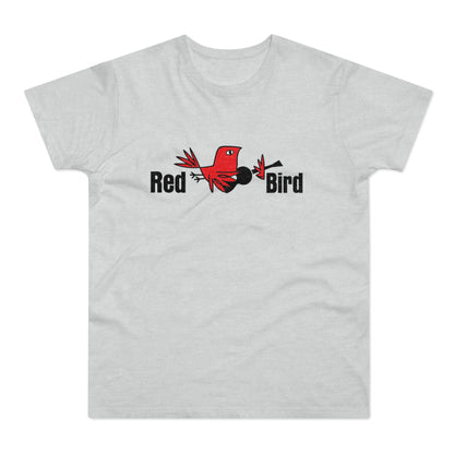 Red Bird logo with stylized red bird and black text on a light gray t-shirt.