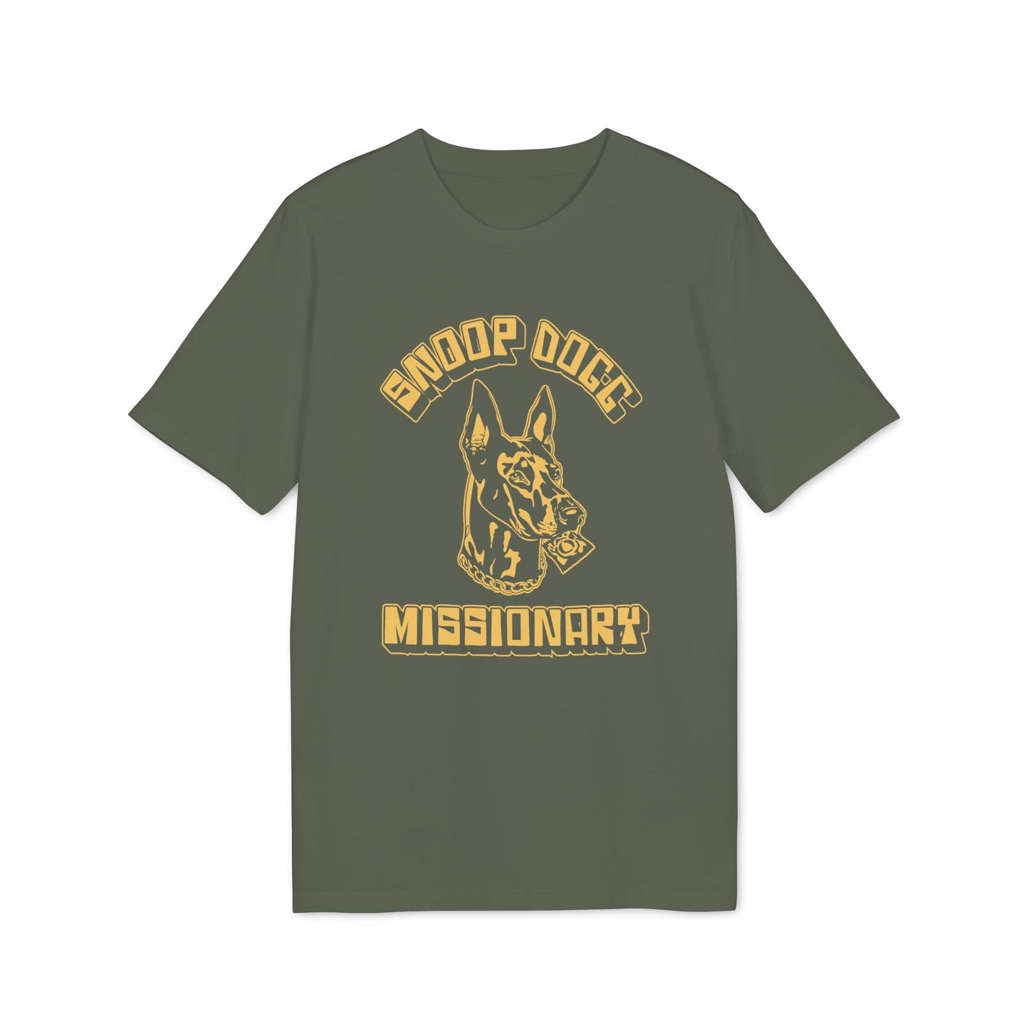 Green t-shirt with Snoop Dogg text and a dog holding a condom.