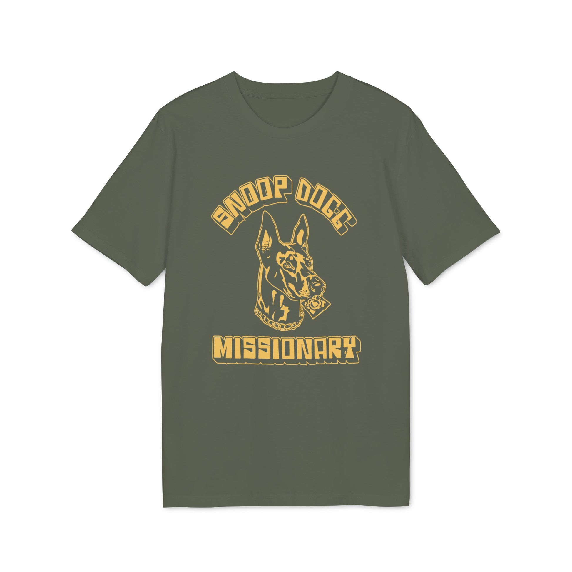 Green t-shirt with Snoop Dogg text and a dog holding a condom.