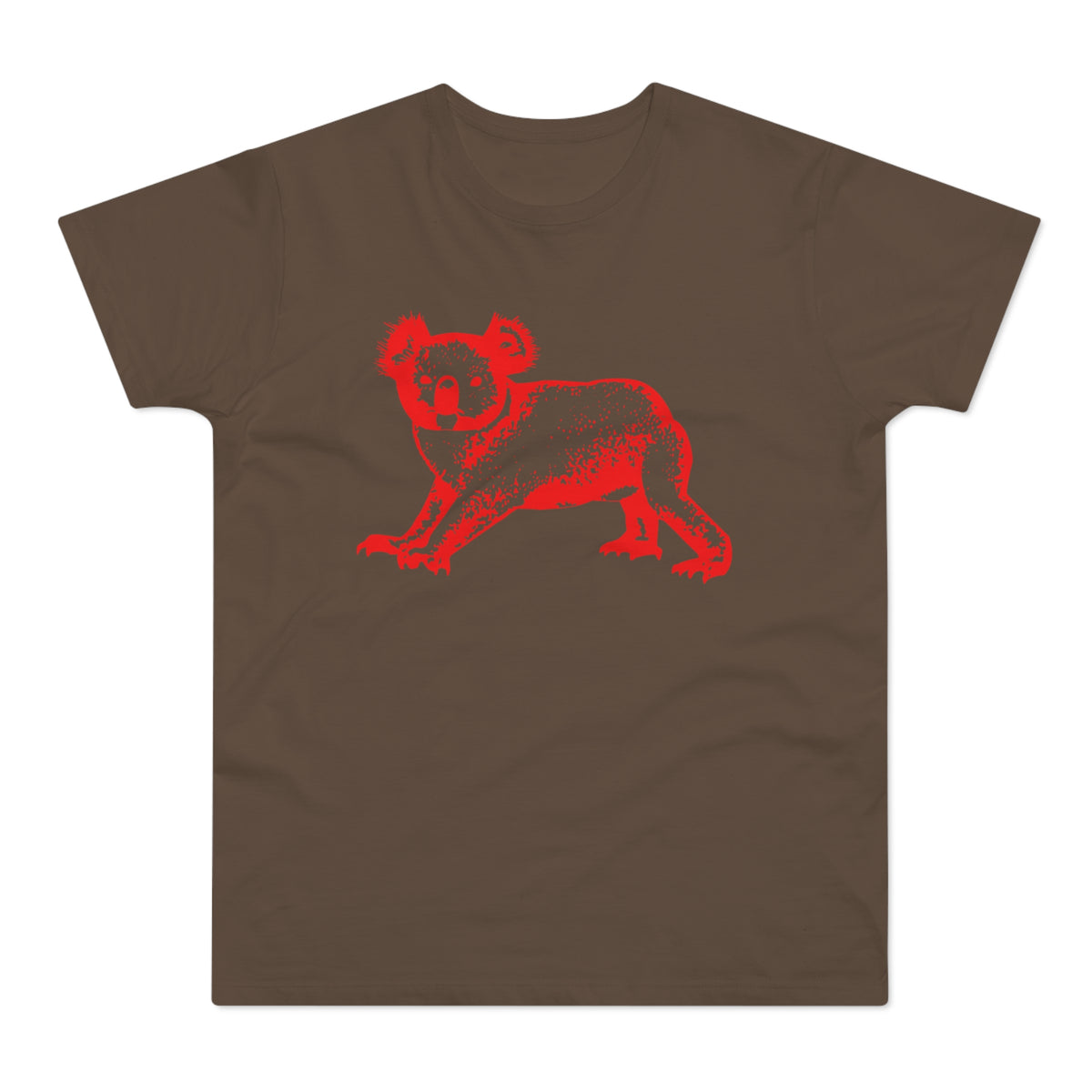Red distressed koala graphic on a brown t-shirt.