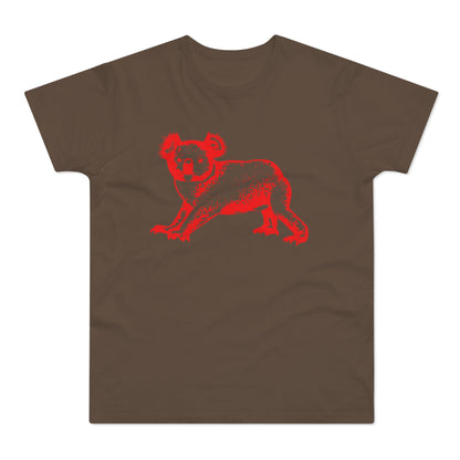 Red distressed koala graphic on a brown t-shirt.