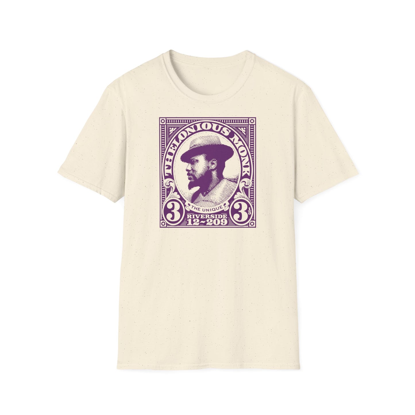 Cream t-shirt with purple Thelonious Monk portrait graphic and "The Unique Riverside 12-209".